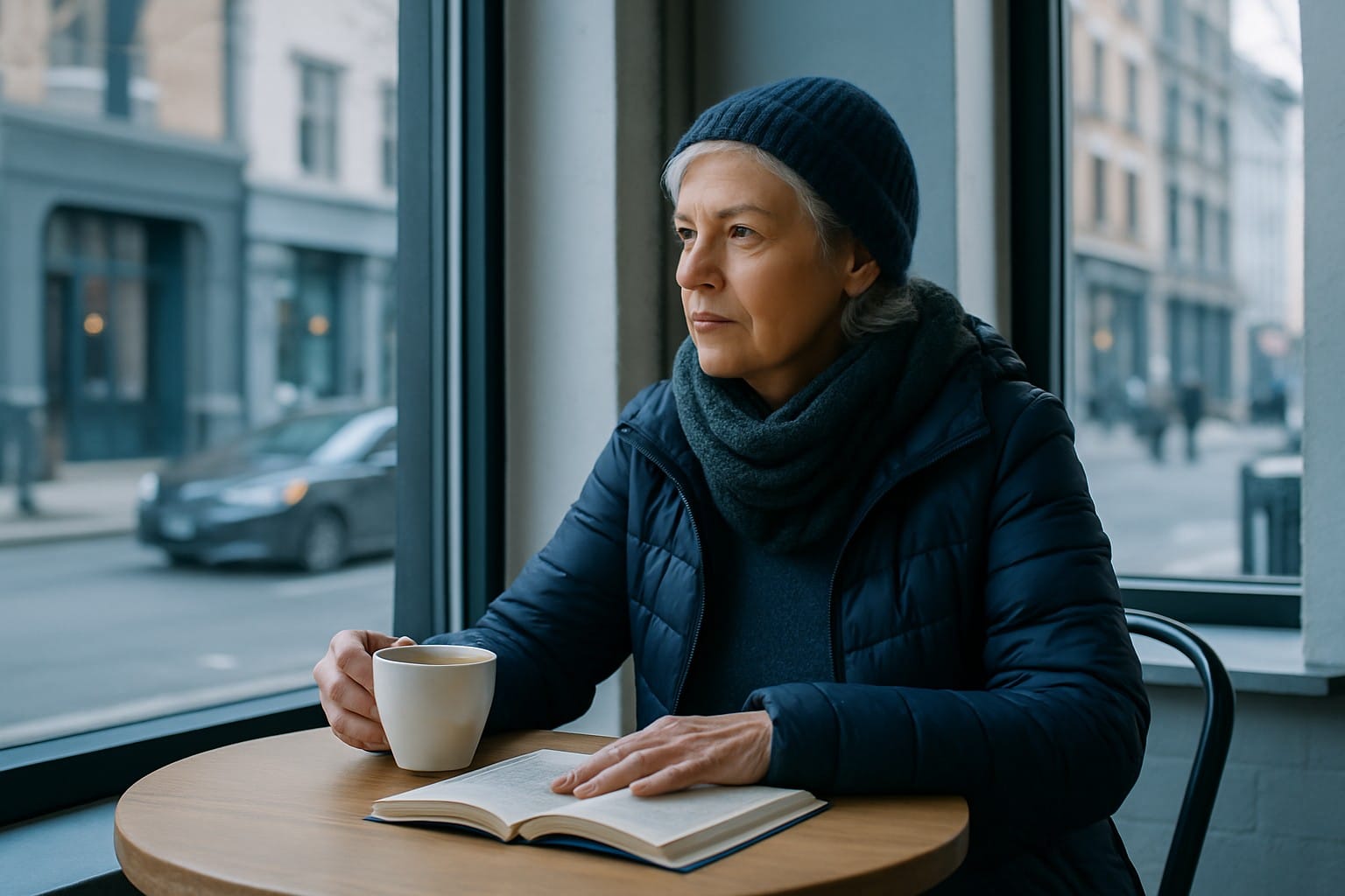 Adults over 50 in a bright city café by a window, illustrating What to Do When Your Adult Children Disapprove of Your Dating Life