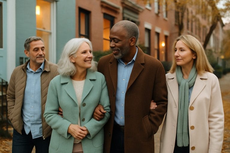 Adults over 50 in a walkable neighborhood street, illustrating Age-Gap Relationships After 50: Questions Couples Should Discuss