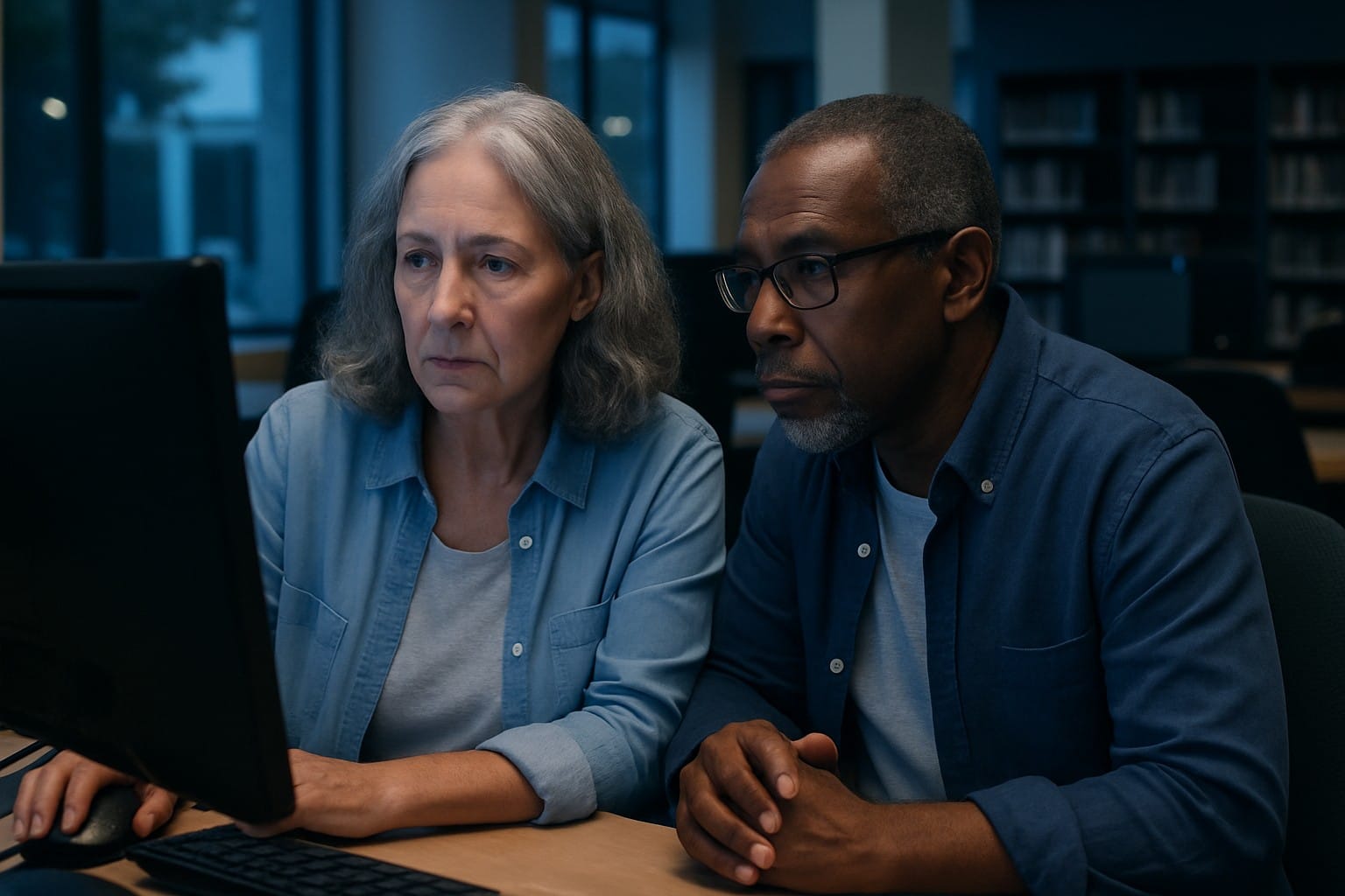 Adults over 50 in a public library technology area, illustrating How to Spot AI-Generated Dating Profiles and Deepfake Romance Scams