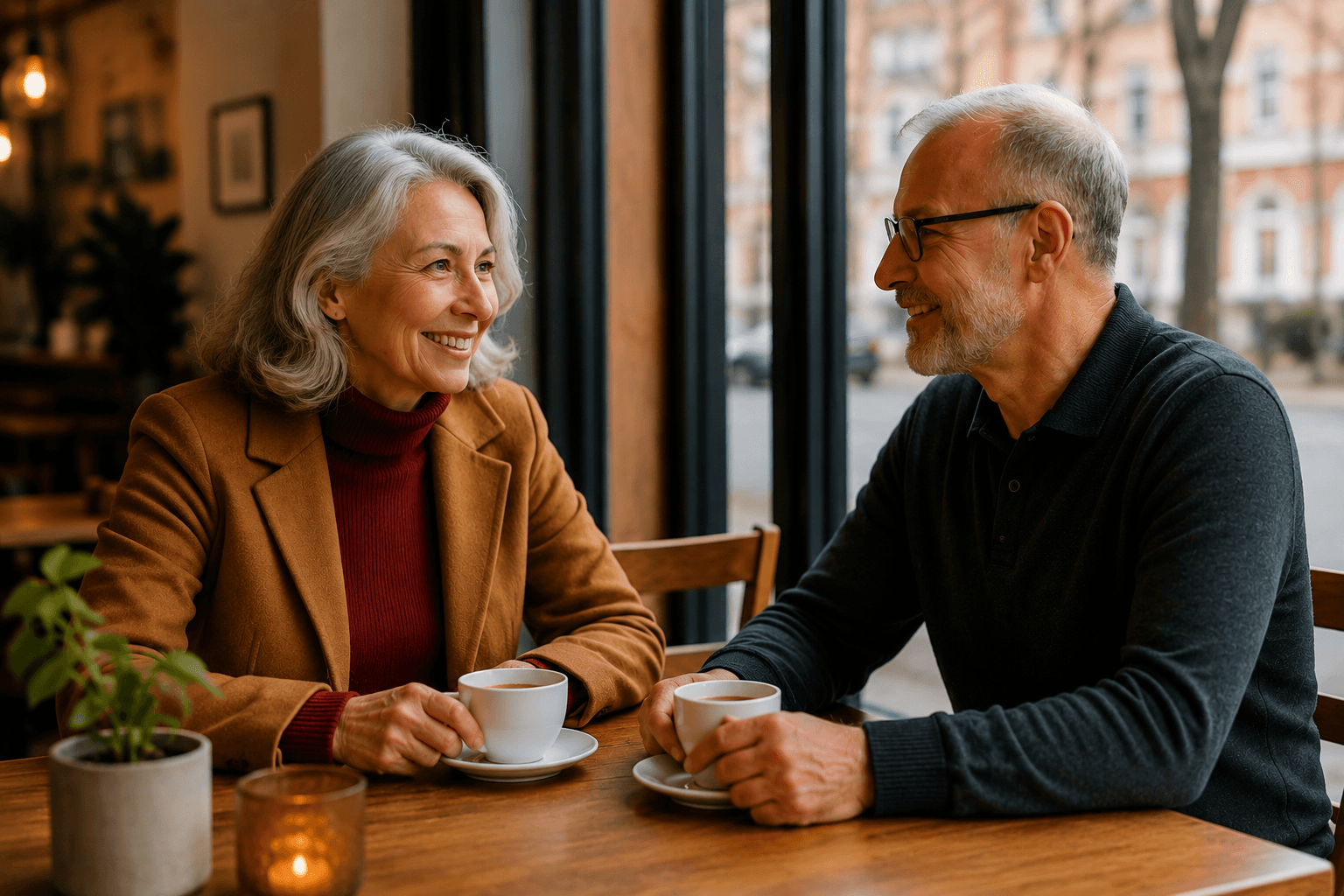 Adults over 50 in a welcoming neighborhood café, illustrating How to Build Confidence Before Your First Date After 50
