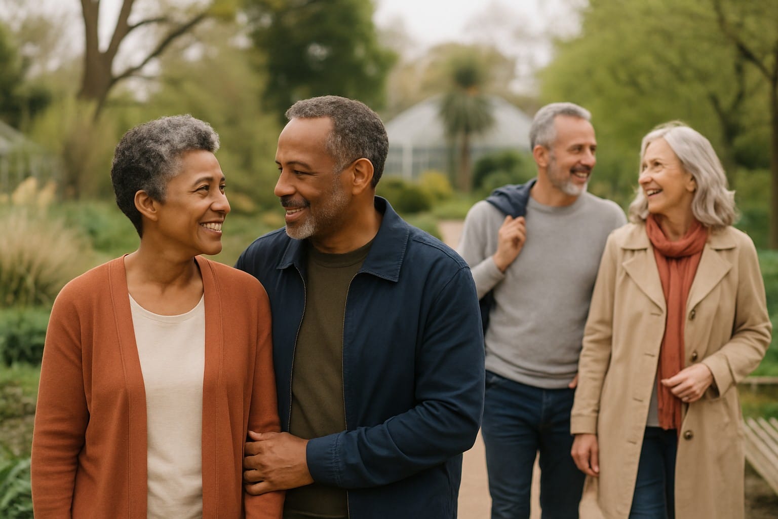 Adults over 50 in a public botanical garden, illustrating How to Build Emotional Intimacy in a New Relationship After 50