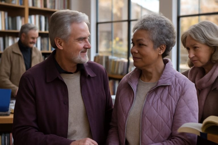 Adults over 50 in a modern independent bookstore, illustrating Chemistry vs Compatibility After 50: What Matters More for Lasting Love?