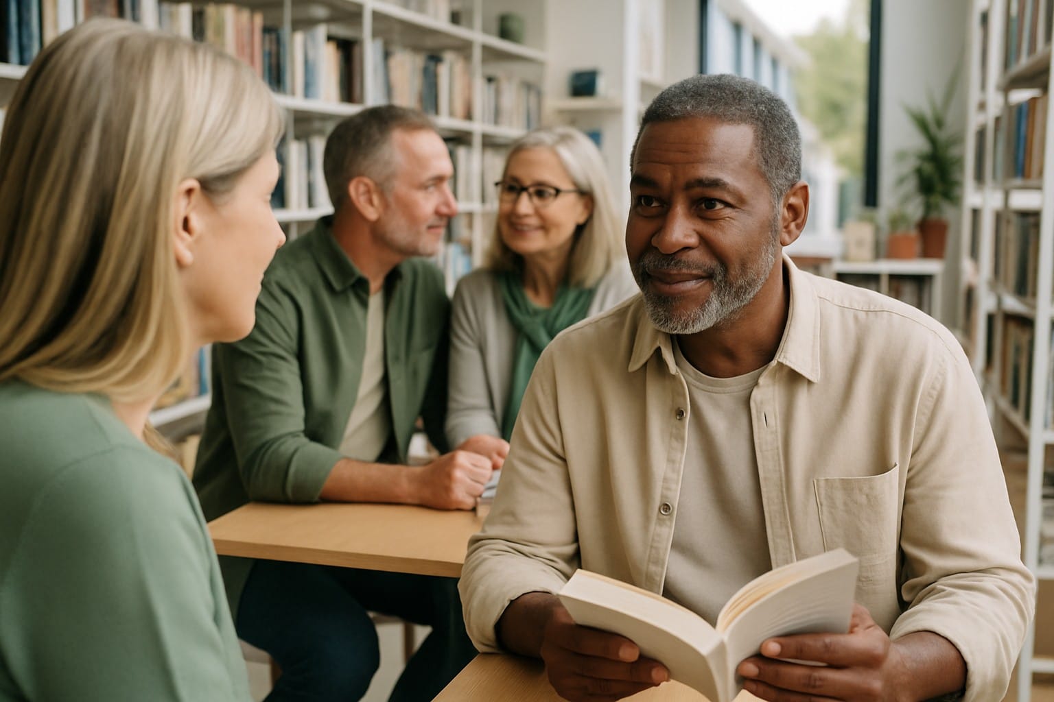 Adults over 50 in a modern independent bookstore, illustrating Common Dating Mistakes People Over 50 Make