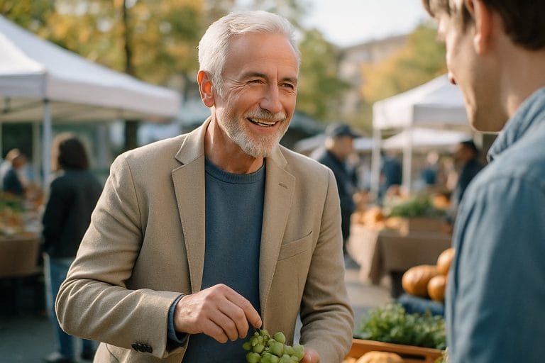 Adults over 50 in an outdoor weekend market, illustrating Dating a Younger Man After 50: What to Consider