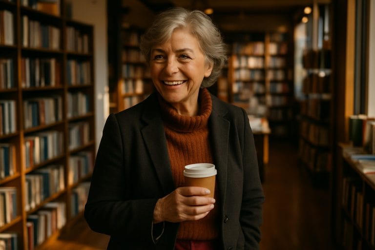 Adults over 50 in a modern independent bookstore, illustrating Dating After 70: What Changes and What Still Matters
