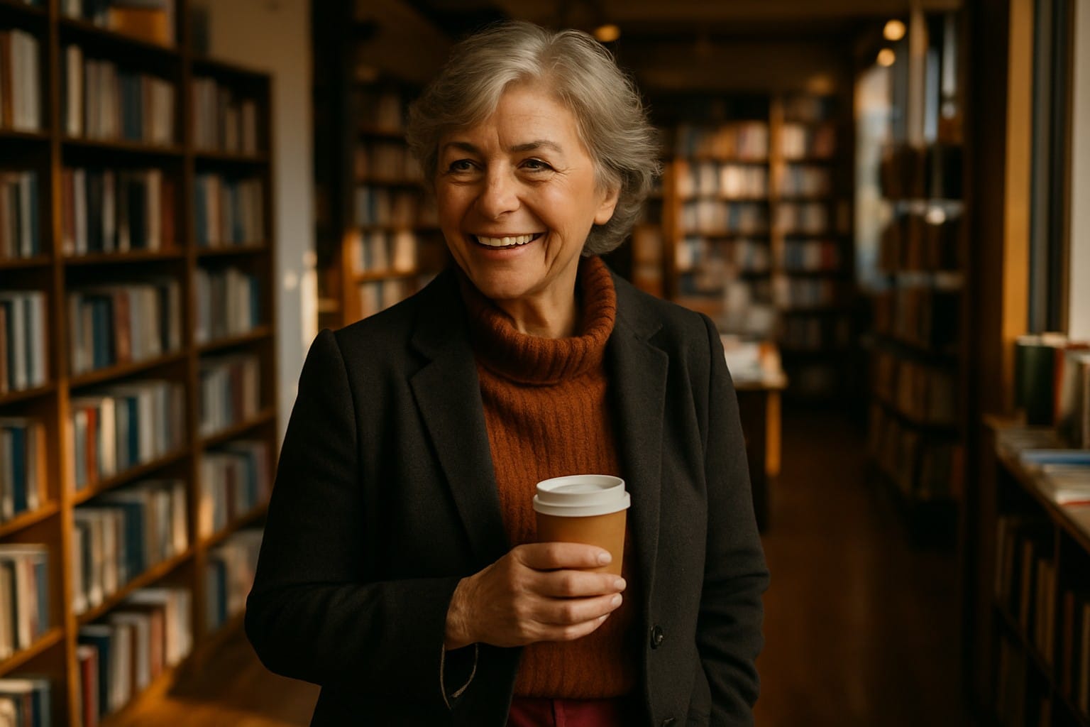 Adults over 50 in a modern independent bookstore, illustrating Dating After 70: What Changes and What Still Matters