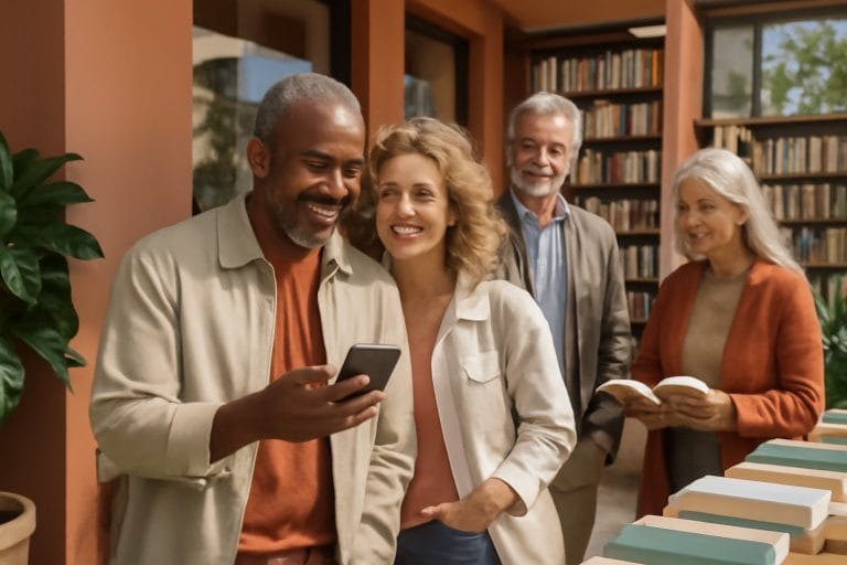 Adults over 50 in a modern independent bookstore, illustrating Dating Profile Photo Tips for Adults Over 50