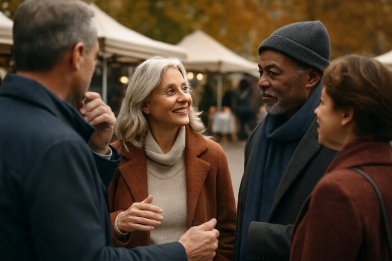 Adults over 50 in an outdoor weekend market, illustrating Dating When You Feel Lonely After 50: Connection or Urgency?