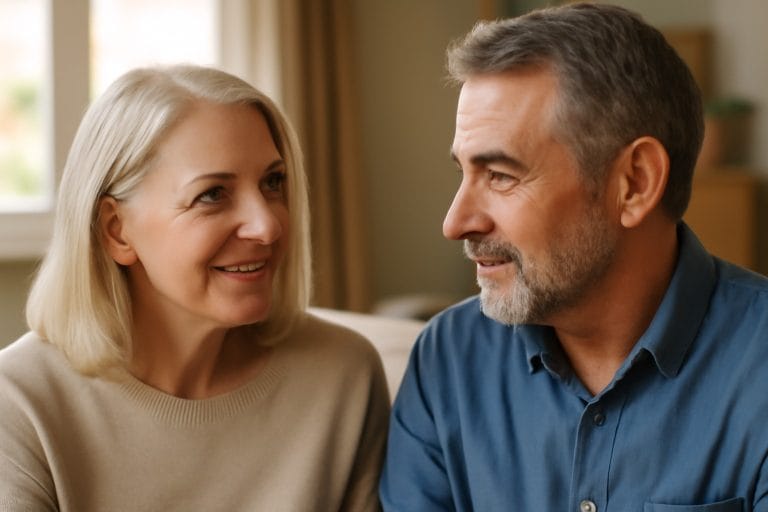 A mature couple having a warm conversation about emotional availability and relationships after 50