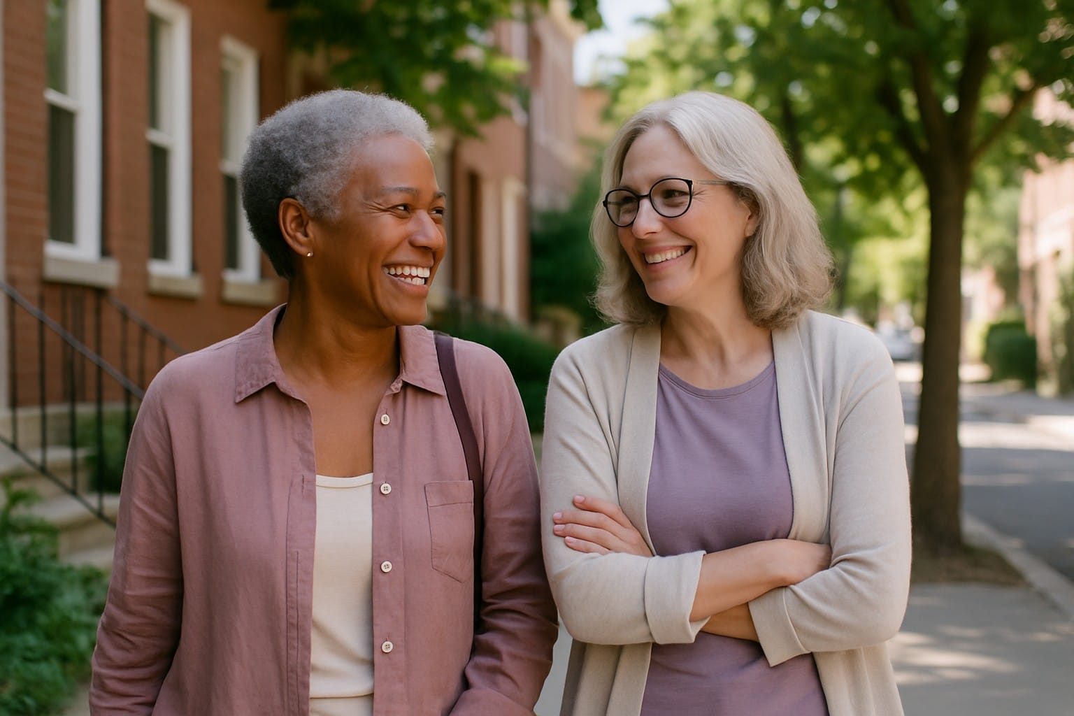 Adults over 50 in a walkable neighborhood street, illustrating Are You Emotionally Ready to Date Again After 50? 9 Signs to Consider