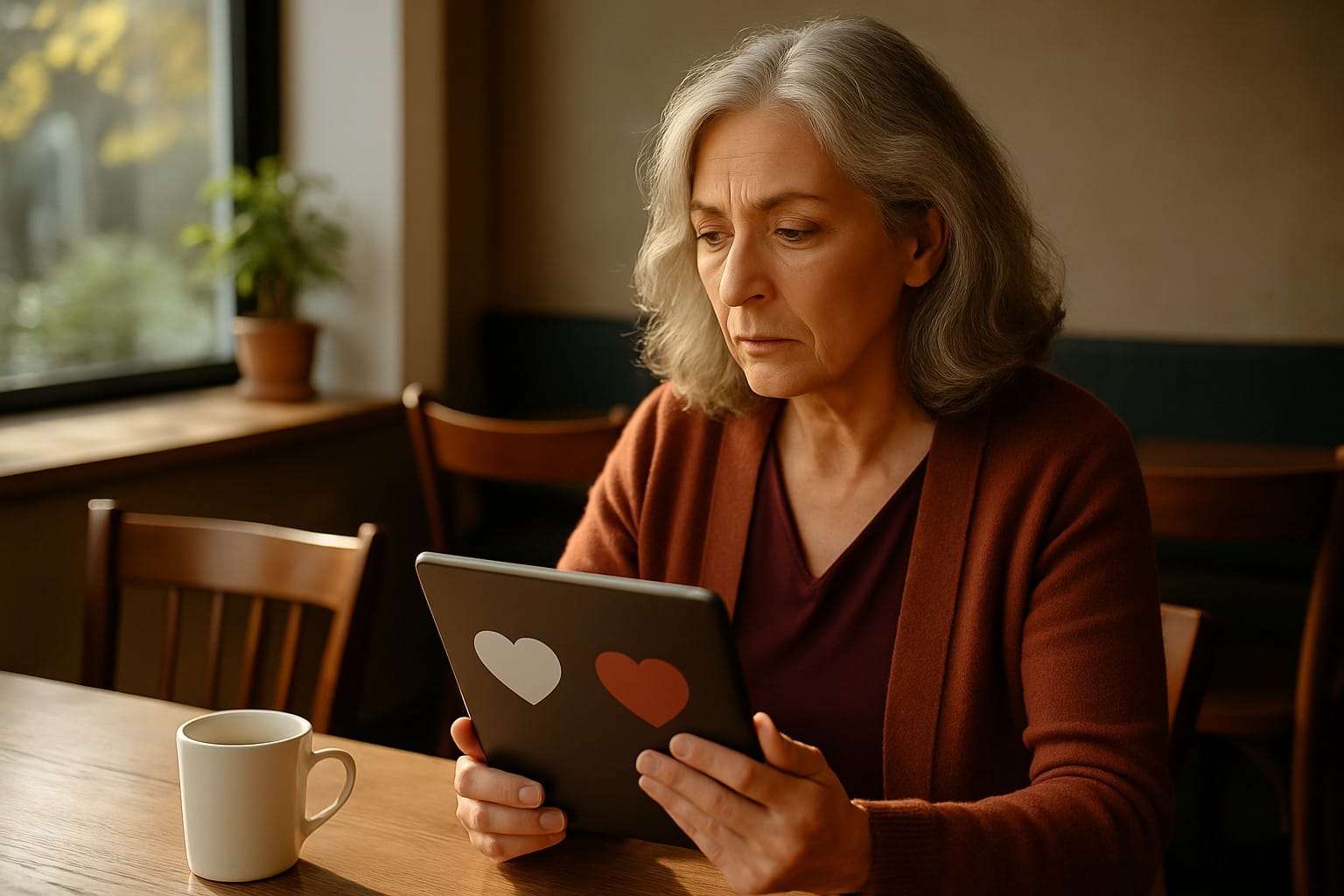 Adults over 50 in a calm café workspace, illustrating Facebook Dating for Singles Over 50: Benefits, Limits, and Safety