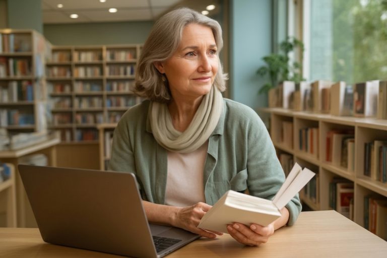 Adults over 50 in a modern independent bookstore, illustrating How to Date Yourself After 50 Before Starting a New Relationship