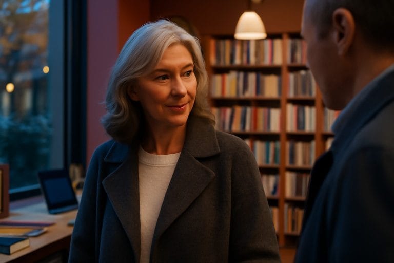 Adults over 50 in a modern independent bookstore, illustrating How to End a First Date Politely After 50 When You’re Not Interested