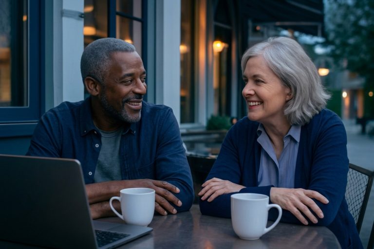 Adults over 50 in a welcoming neighborhood café, illustrating How to Stop Getting Defensive in a New Relationship After 50