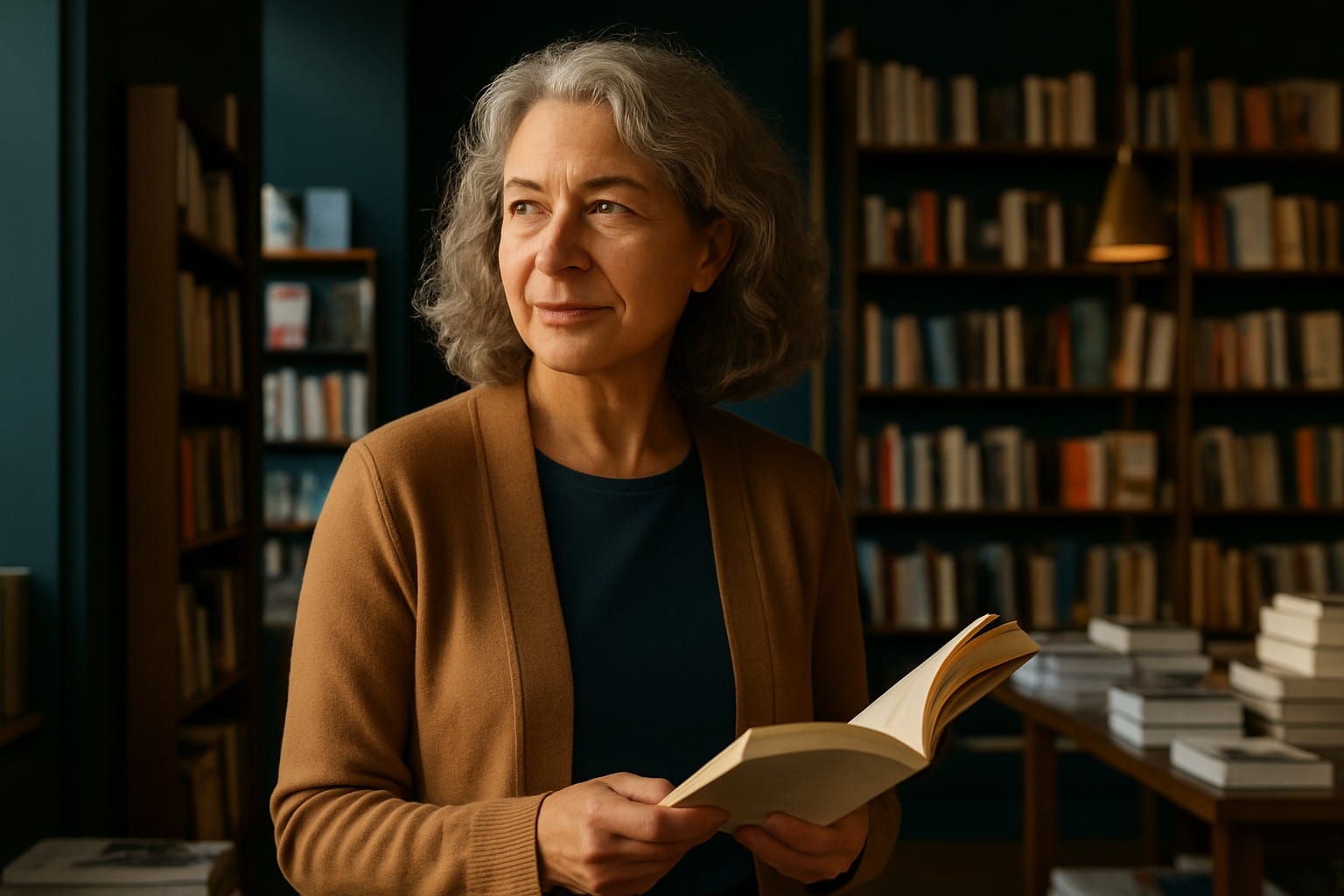 Adults over 50 in a modern independent bookstore, illustrating Long-Distance Dating After 50: Can It Really Work?