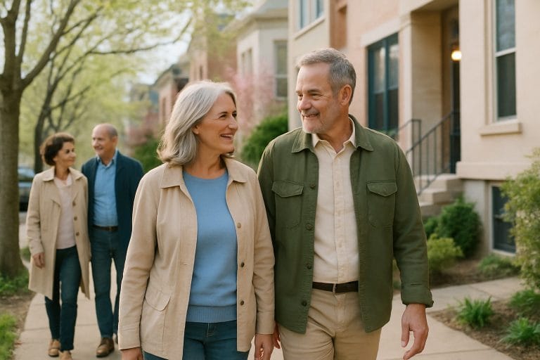 Adults over 50 in a walkable neighborhood street, illustrating Low-Pressure First Date Ideas for Singles Over 50