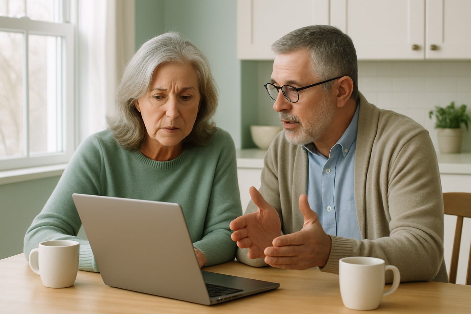 Adults over 50 in a comfortable home kitchen table, illustrating Romance Scams and Cryptocurrency: Warning Signs Adults Over 50 Should Know