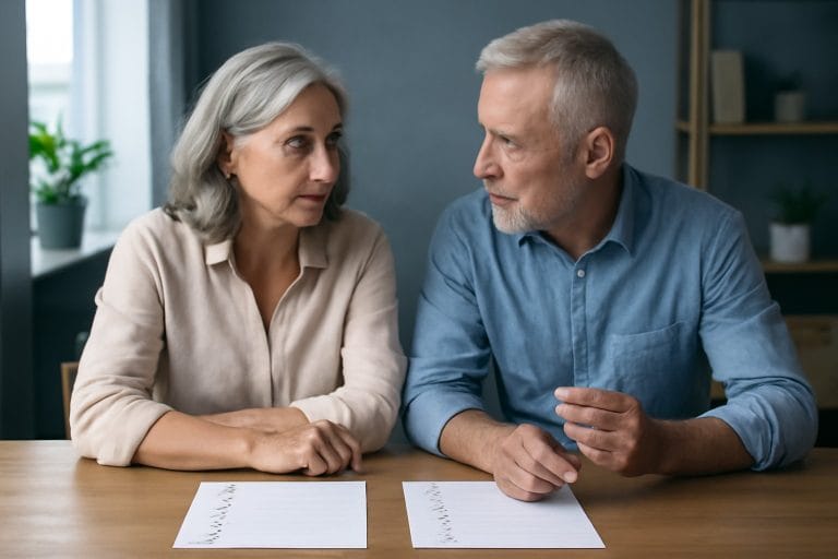 Adults over 50 in a home office with two printed checklists, illustrating SeniorMatch vs OurTime: Which Is Better for Singles Over 50?