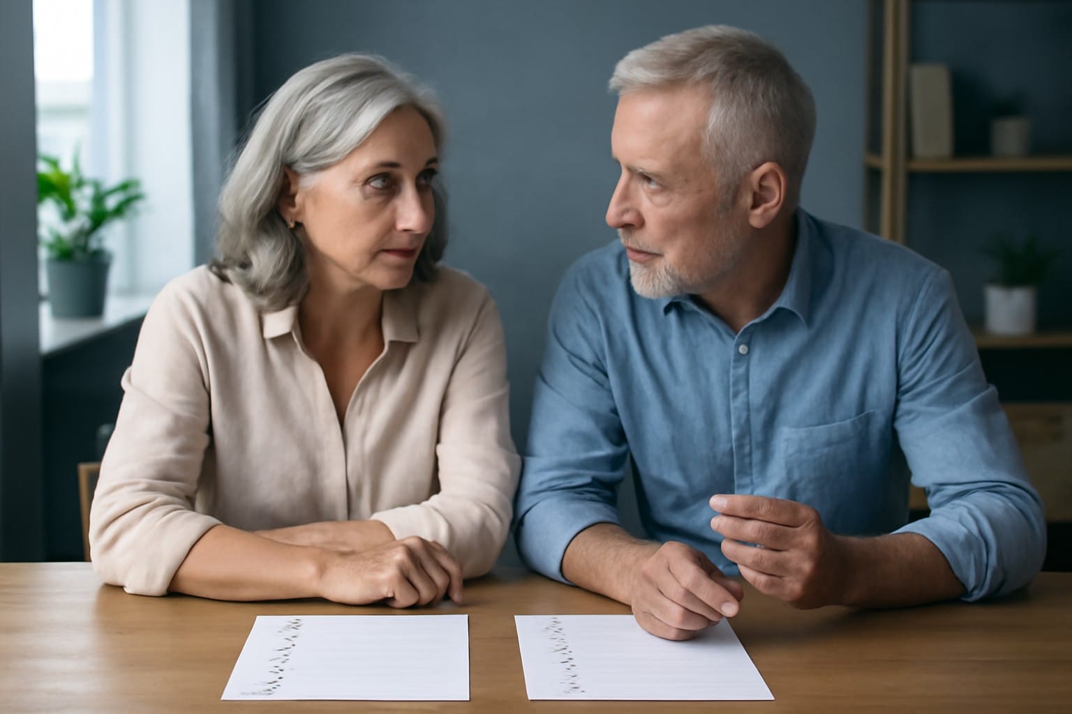 Adults over 50 in a home office with two printed checklists, illustrating SeniorMatch vs OurTime: Which Is Better for Singles Over 50?