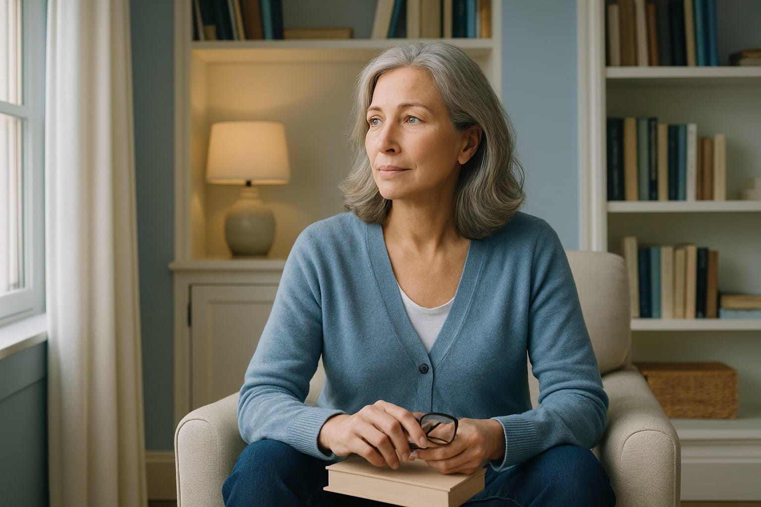 Adults over 50 in a softly lit home reading area, illustrating How to Tell Your Family You're Dating Again After Loss