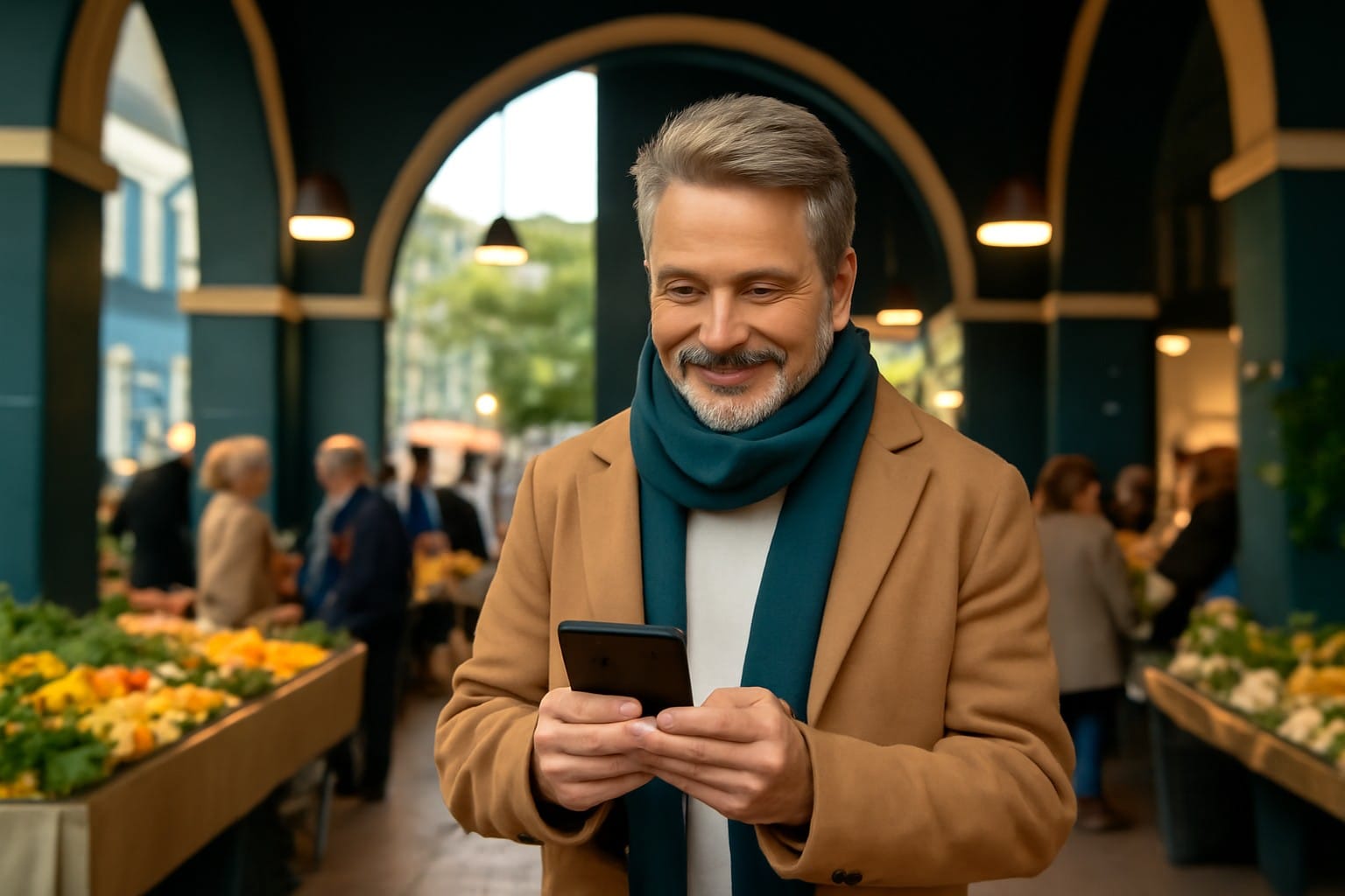 Adults over 50 in an outdoor weekend market, illustrating Texting After a First Date Over 50: How Much Is Too Much?