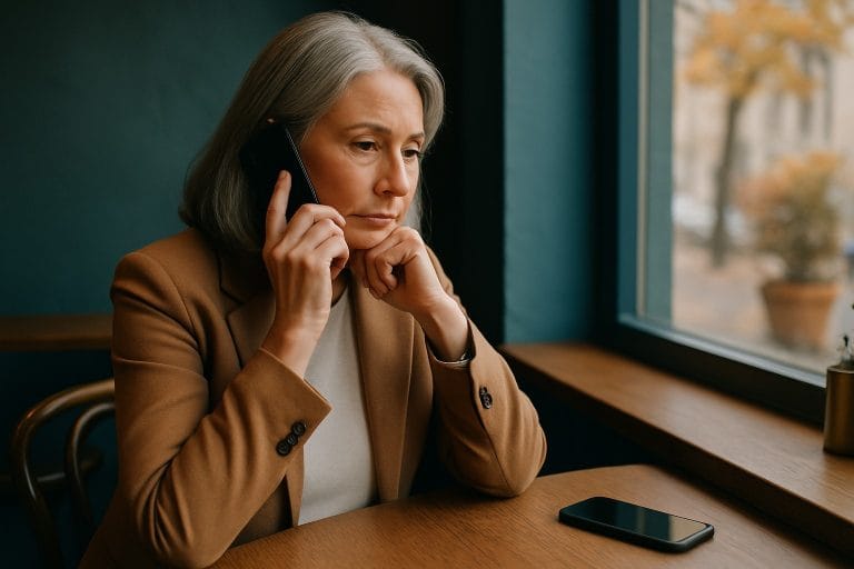Adults over 50 in a quiet café table with a phone placed face down, illustrating Why a Video Call Before the First Date Can Protect You
