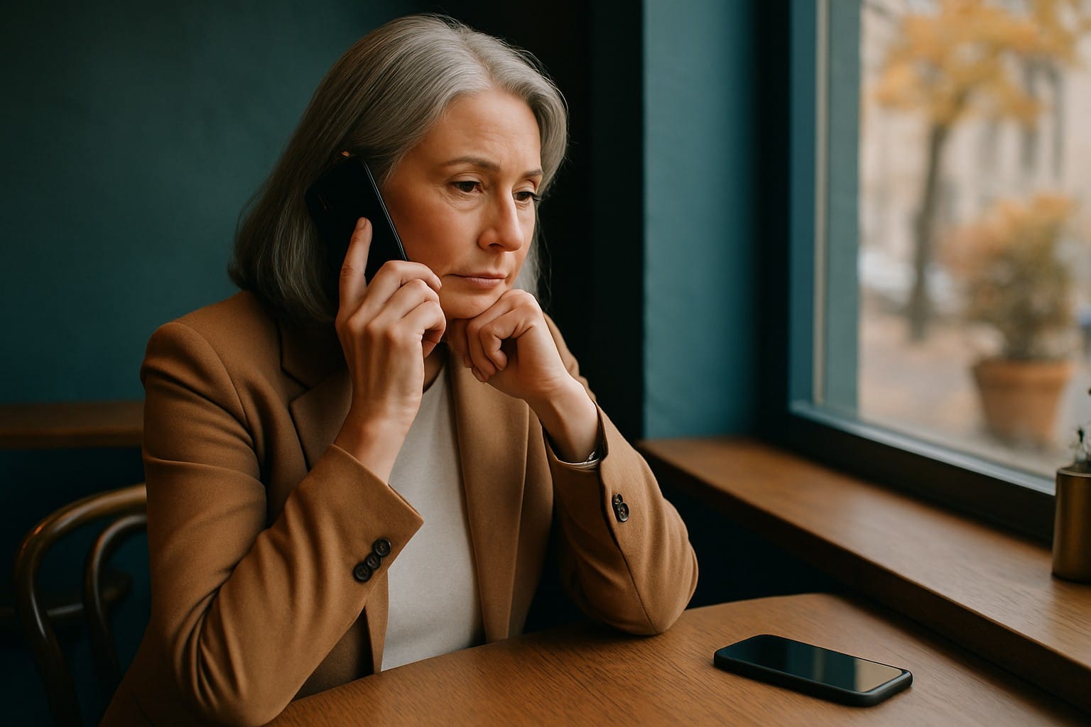 Adults over 50 in a quiet café table with a phone placed face down, illustrating Why a Video Call Before the First Date Can Protect You
