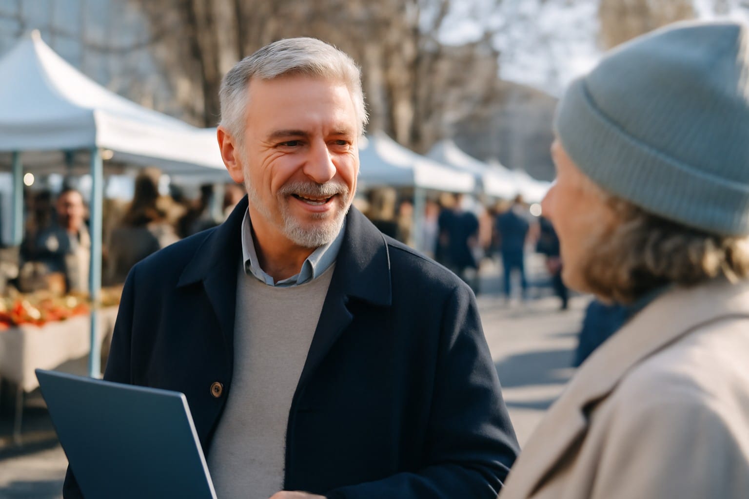 Adults over 50 in an outdoor weekend market, illustrating When Should You Become Exclusive After 50? Signs the Time Is Right