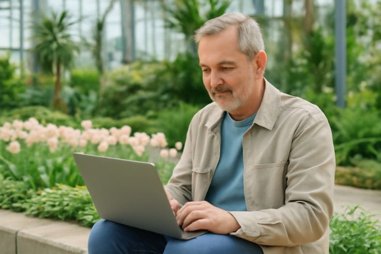 Adults over 50 in a public botanical garden, illustrating How to Write a Dating Profile Bio After 50 That Gives People Something to Respond To