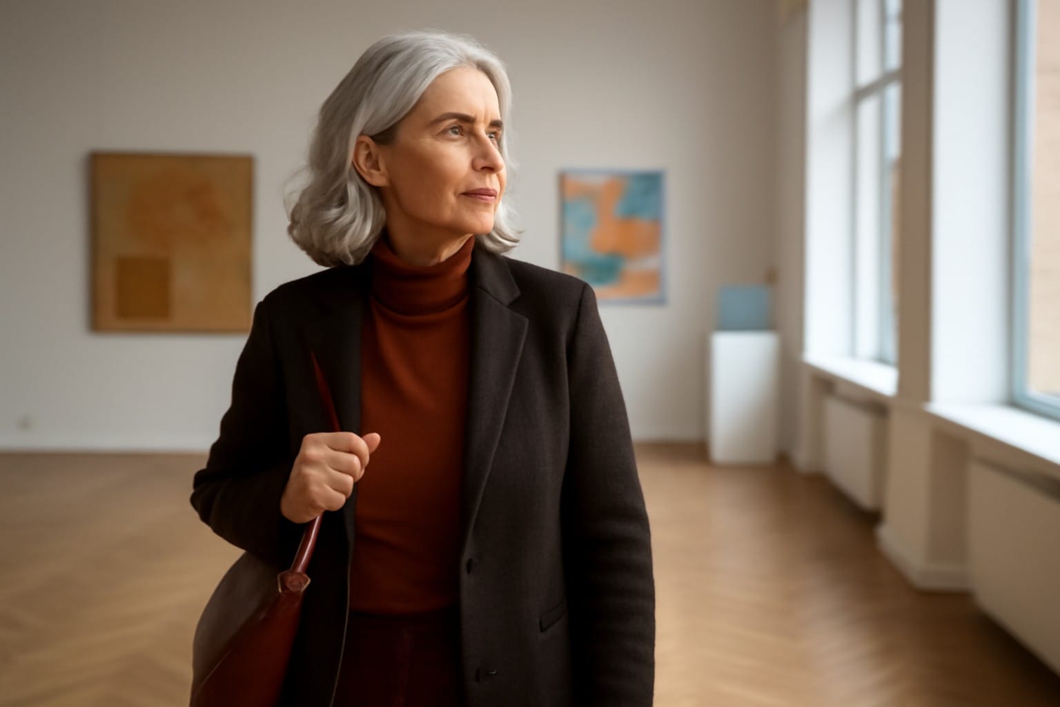 Adults over 50 in a contemporary art gallery, illustrating Dating Someone Who Is Separated but Not Divorced After 50: What to Consider