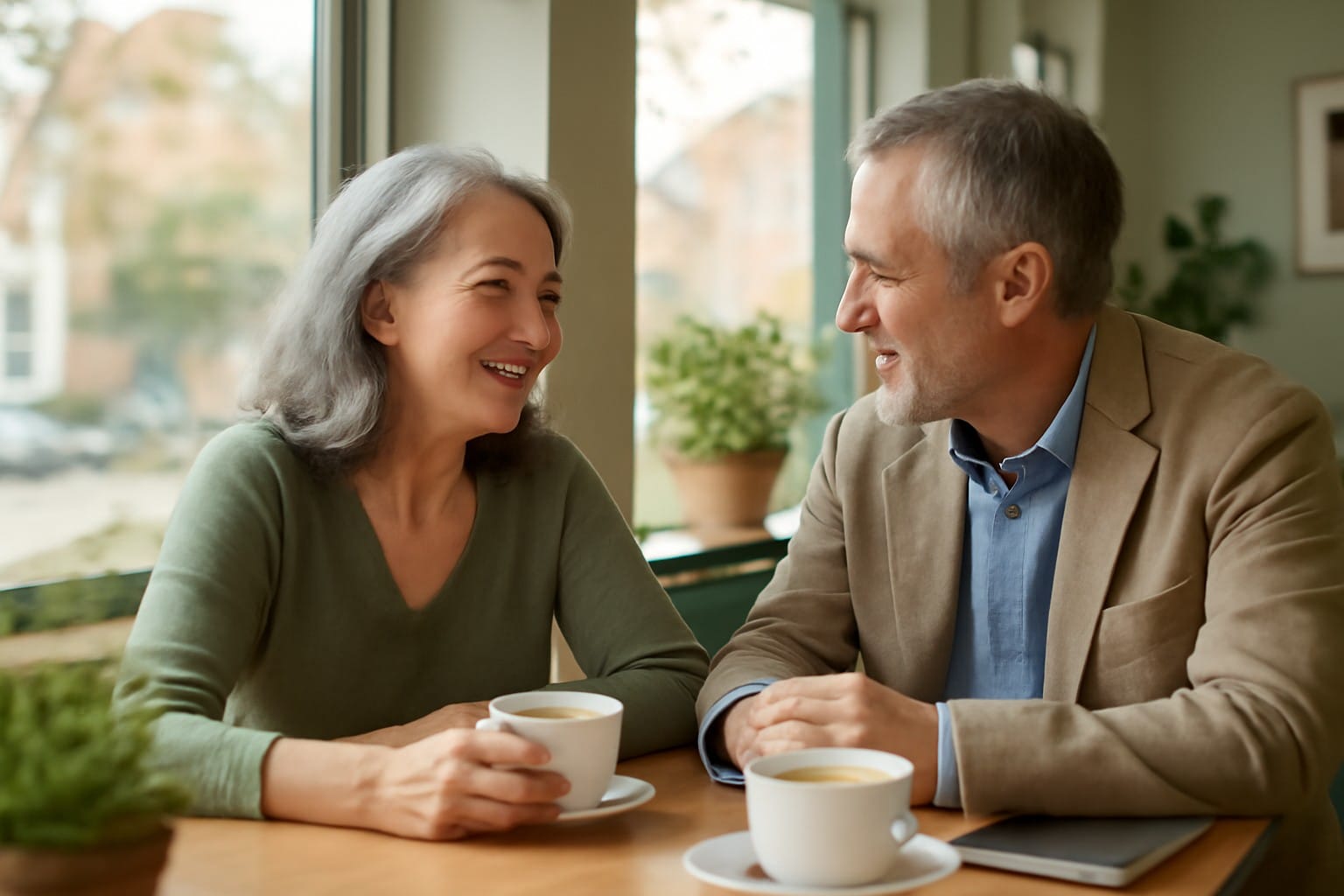 Adults over 50 in a welcoming neighborhood café, illustrating First Date Questions After 50: What to Ask Without Turning It Into an Interview