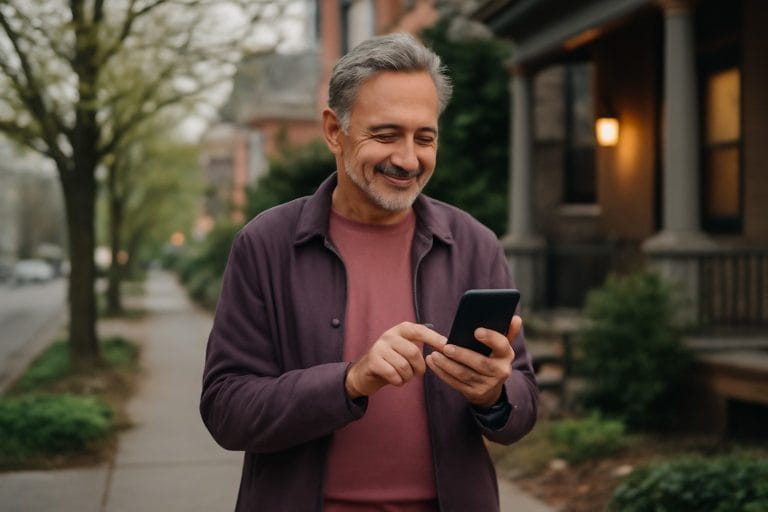Adults over 50 in a walkable neighborhood street, illustrating What to Say in a First Message on a Dating App After 50