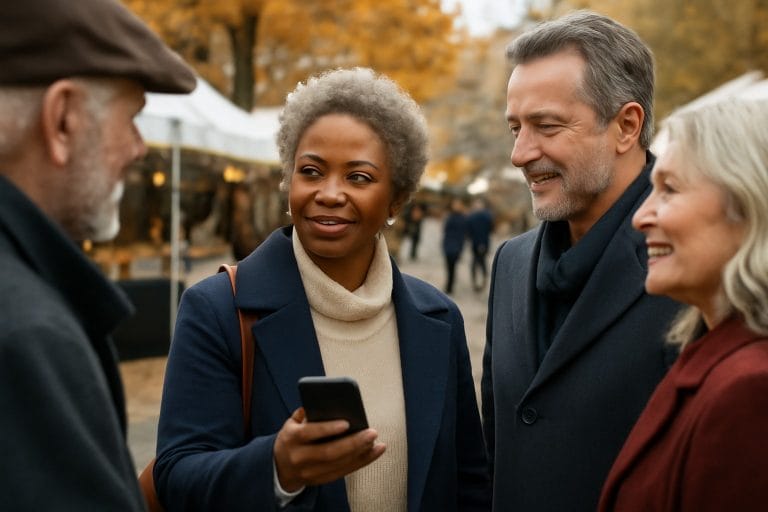 Adults over 50 in an outdoor weekend market, illustrating How Many Dating Apps Should You Use at Once After 50?
