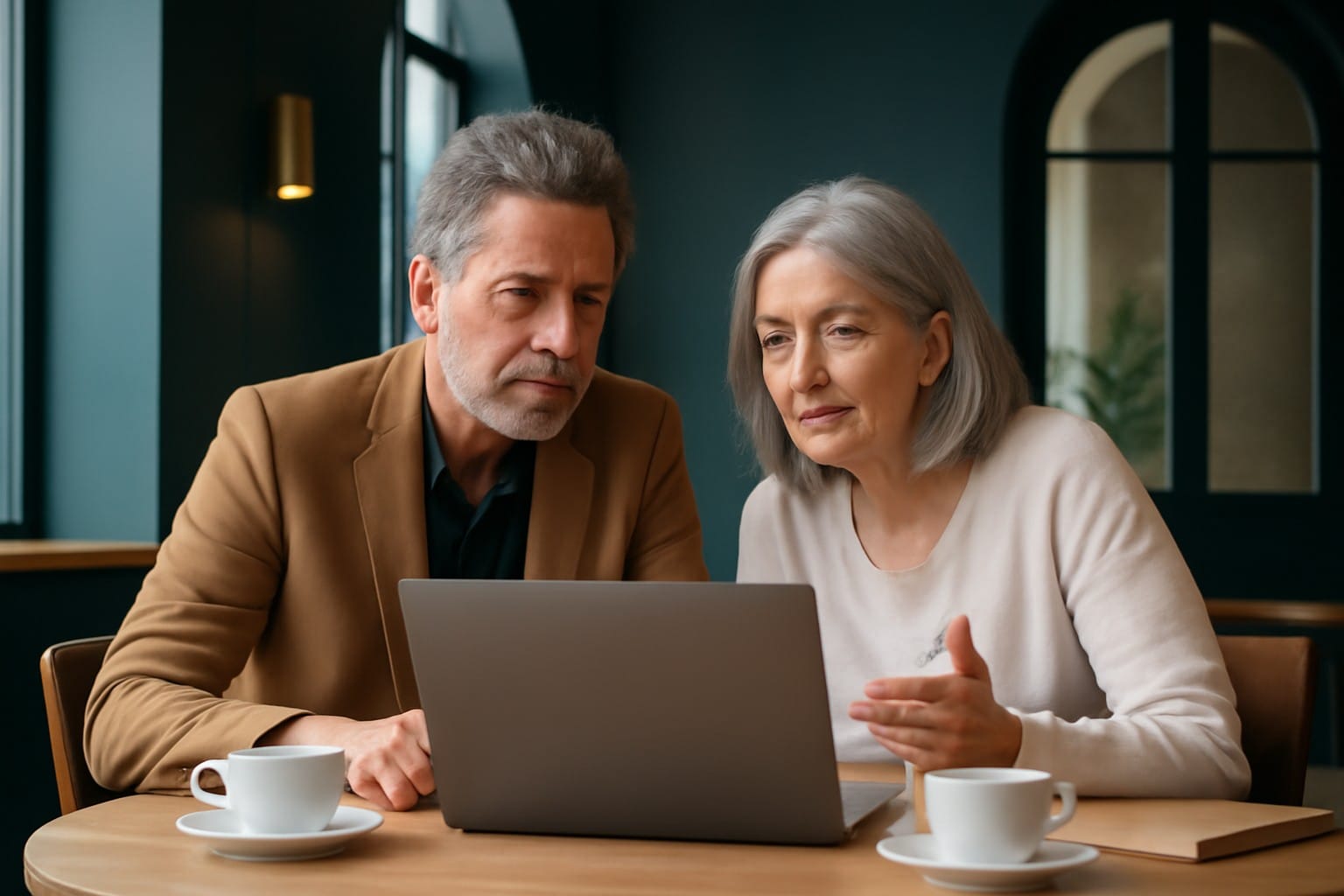 Adults over 50 in a calm café workspace, illustrating OurTime Review 2026 for Singles Over 50: Features, Costs, and Limits