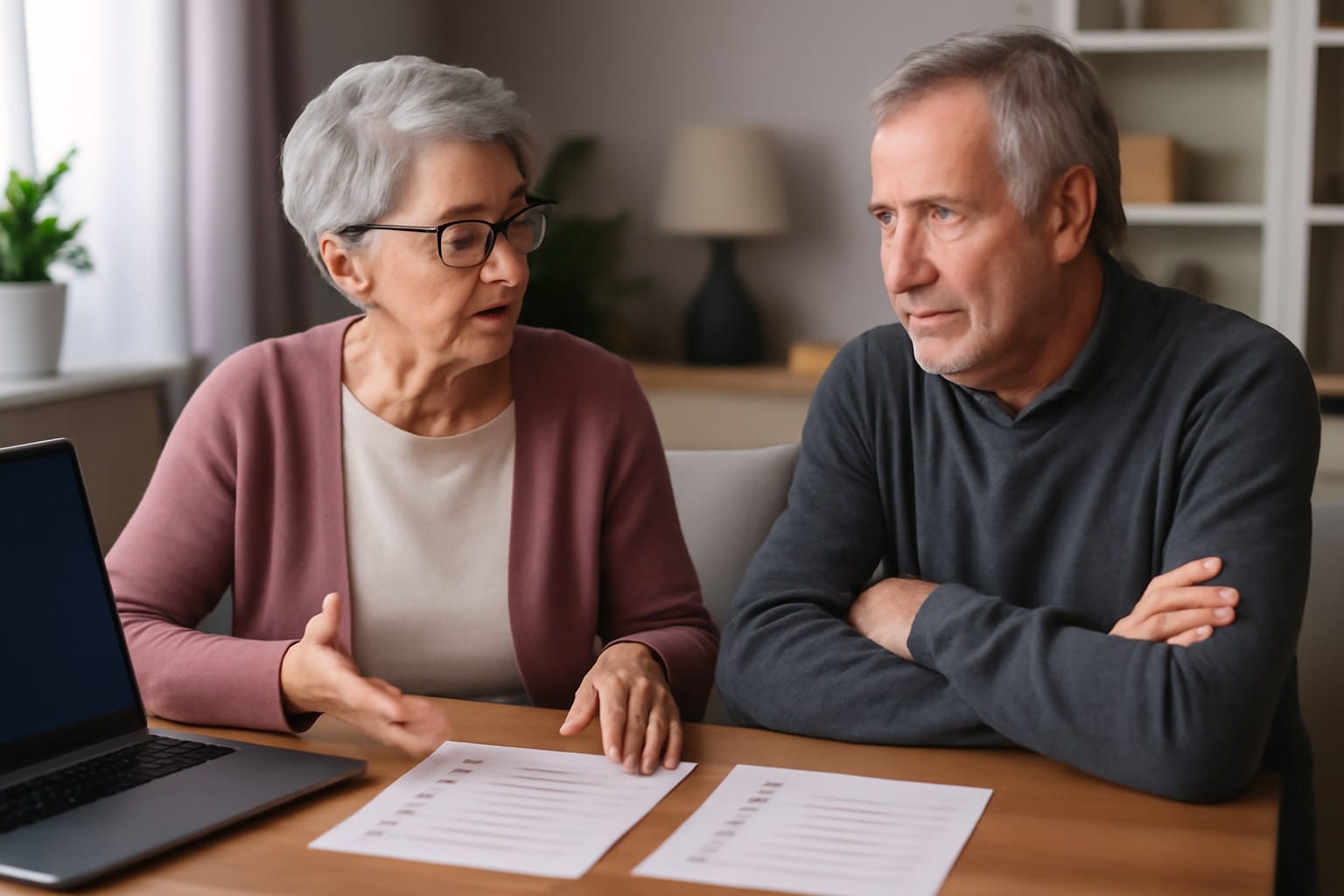 Adults over 50 in a home office with two printed checklists, illustrating OurTime vs eharmony for Singles Over 50: Senior-Focused or Compatibility-First?