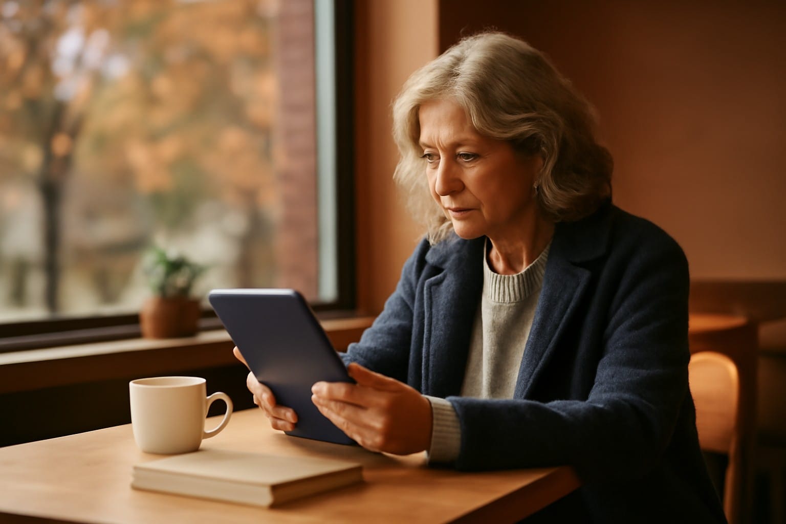 Adults over 50 in a calm café workspace, illustrating Tinder for Singles Over 50: What to Expect Before You Join